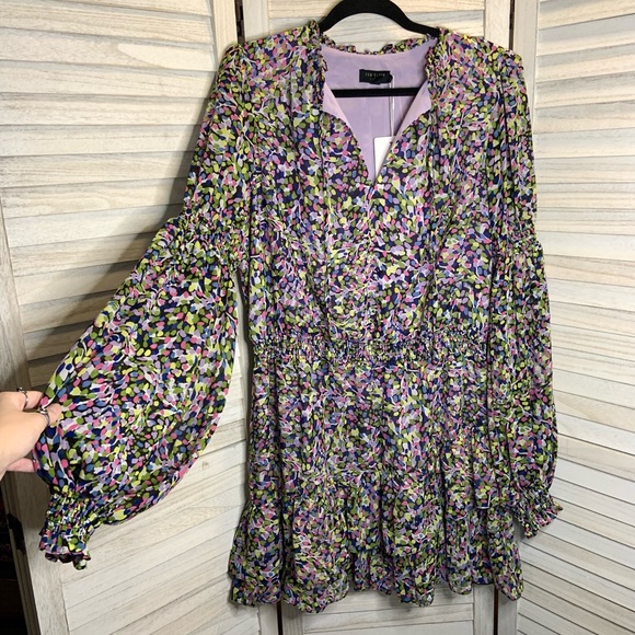 Ted Baker London Karlie Multicolor Black Smocked Detail Tiered Mini Dress 14 New - Picture 3 of 14